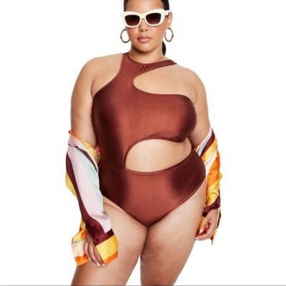 Women's Asymmetrical Metallic Cut Out High Leg Cheeky One Piece Swimsuit- XXL - Picture 1 of 3